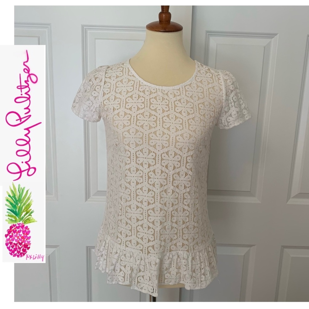 🌴Lilly Pulitzer White Short Sleeve Eyelet Bow Top